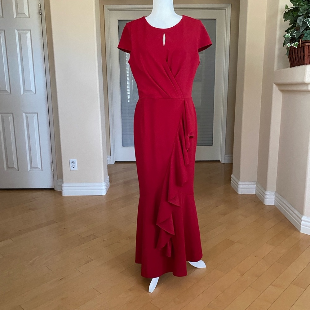 Alexa B Nites Red Ruffle Front Cap Sleeves Maxi Dress